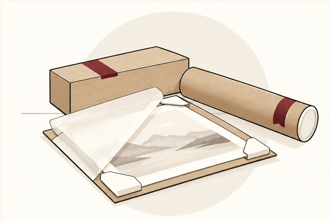 Fine art print, protective wrapping, and shipping tube prepared for delivery.